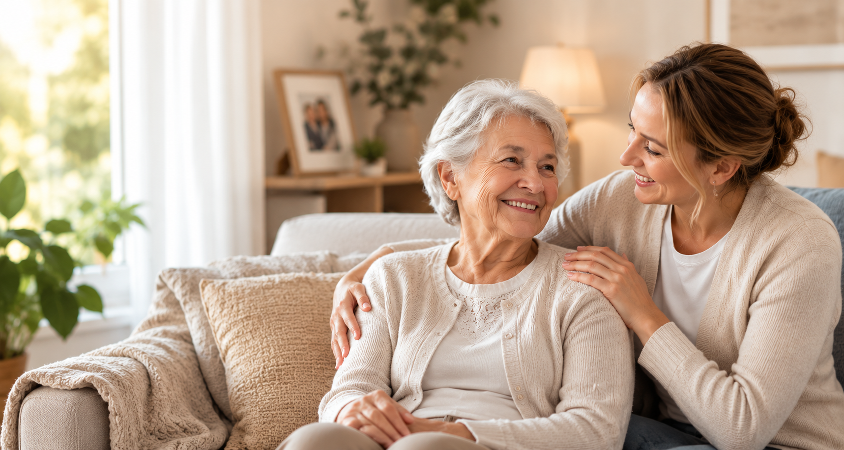 Eine Betreuungskraft und eine Seniorin sitzen lächelnd nebeneinander auf dem Sofa im eigenen Zuhause.