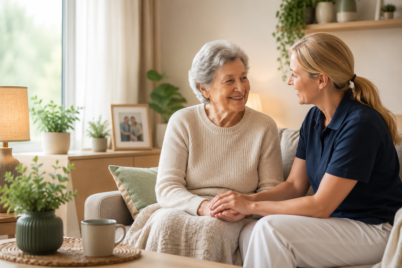Eine Seniorin und ihre Betreuungskraft sitzen lächelnd zusammen auf dem Sofa im hellen Wohnzimmer.